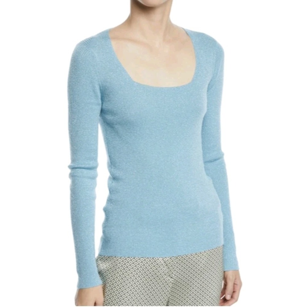Etro Women 42 US 6 Blue Metallic Wool Ribbed Knit Scoop Neck Sweater Italy NWT
